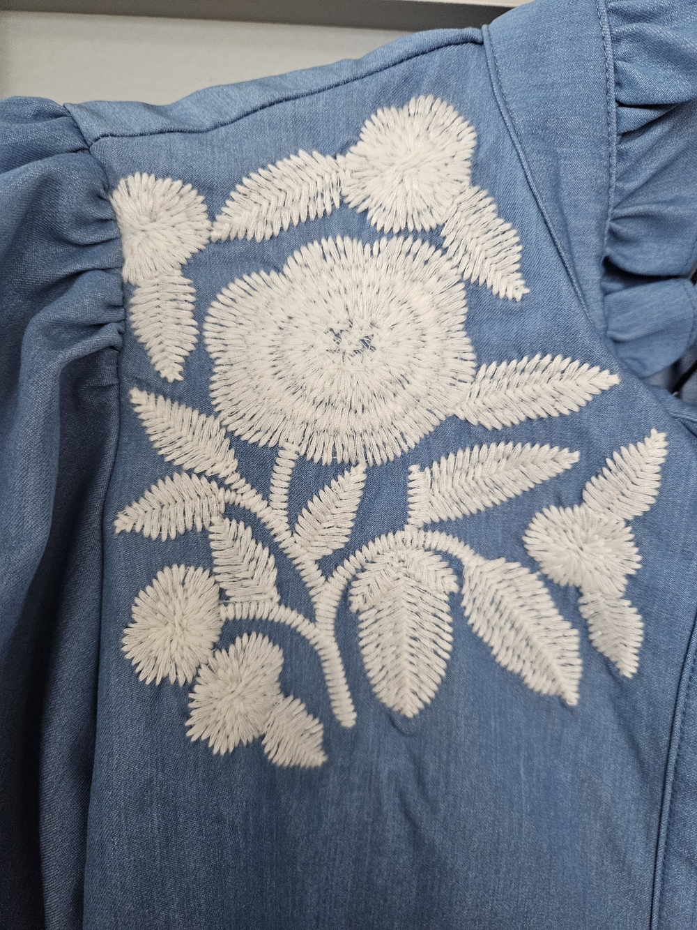 Light Blue Embroidered Ruffle-Neck Button Front Blouse - Picture 3 of 7